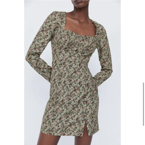Zara Brown Floral Long Sleeve Square Bustier Mini Dress Large